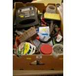 Box of garage tools, fixture and fittings including a Halfords battery charger