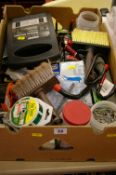 Box of garage tools, fixture and fittings including a Halfords battery charger