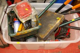 Large tub of garage and garden tools including long extension reel, loppers, shears etc E/T