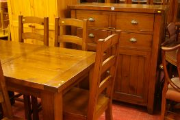 Modern antique pine effect dining suite of extending table, six solid seat ladderback chairs and