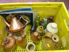 Crate of vintage items including copperware, flagon marked 'E Rigg, Temperance Brewery, Leigh', flat