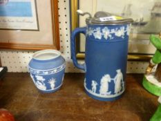 Pewter lidded Wedgwood Jasperware jug and another piece of Jasperware