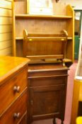 Ex gramophone cabinet on barley twist supports, an open book rack, reproduction magazine rack and