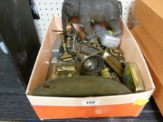 Box of mixed metalware including scales, candlesticks etc