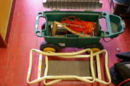Garden boxed work truck and contents and a folding metal garden stool