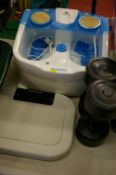 Babyliss footbath/massager, set of bathroom scales and a pair of 4kg dumbells E/T