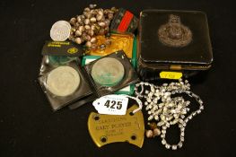 Small vintage box of costume jewellery and collectable coins etc