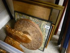 Small carved table, tapestries, framed prints etc (a parcel)