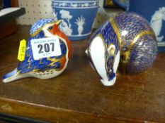 Royal Crown Derby paperweights - robin with gold stopper and a badger