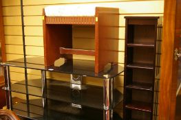 Chrome and black glass entertainment stand, wooden CD rack and a reproduction mahogany dressing