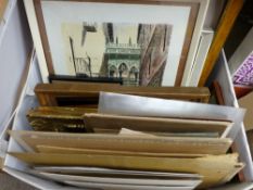 Box of framed and unframed pictures and prints