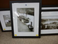 Set of four framed prints/photographs depicting Menai Bridge, HMS Conway etc