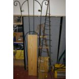 Quantity of garden trailing frames, two pine shelves etc