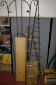 Quantity of garden trailing frames, two pine shelves etc