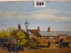 B G SMITH painting on board - railway station scene