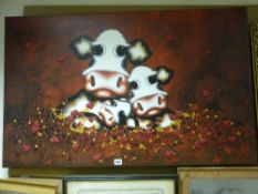 Large humorous collage type painting - three calves' heads and numerous hearts