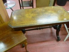 Burr walnut effect Long John coffee table and another on pad feet