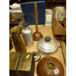 Parcel of miscellaneous metalware including copper footwarmer, posser etc