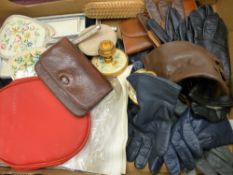 Quantity of lady's gloves, dressing table items, leather purses etc