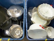 Two large tubs containing kitchen pans, crockery etc