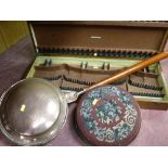 Beadwork topped footstool, long handled copper warming pan and an empty cutlery canteen