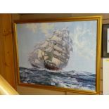 Large framed print after MONTAGUE DAWSON - threemaster in heavy seas