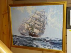 Large framed print after MONTAGUE DAWSON - threemaster in heavy seas