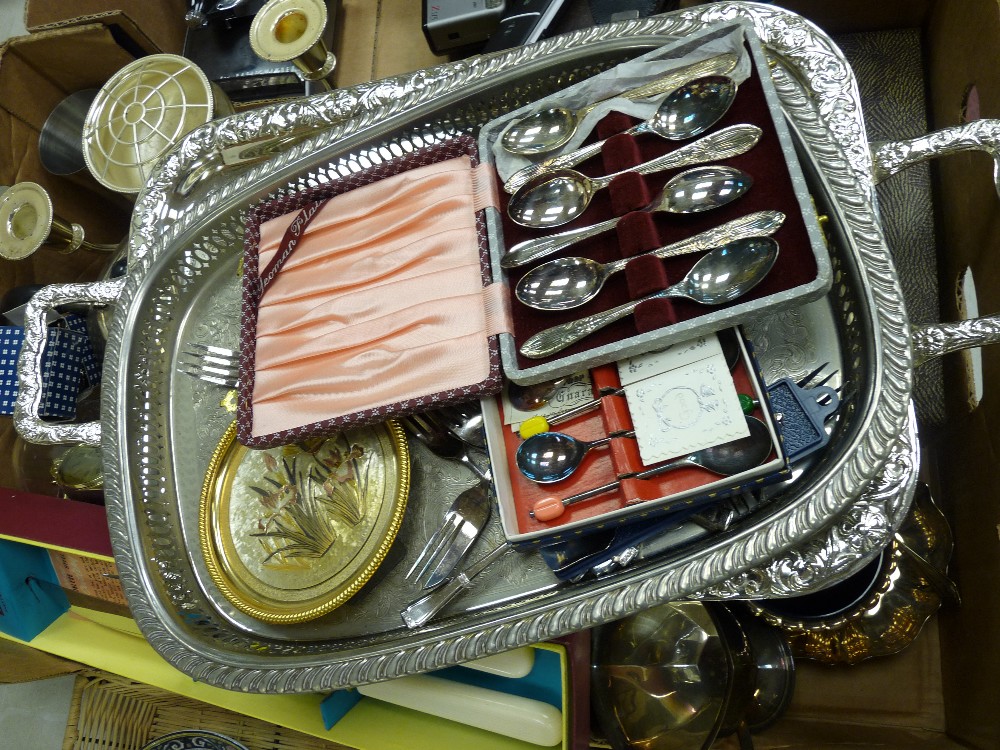 Box of mainly mixed metalware, mantel clock, electroplate trays, cased cutlery and similar items