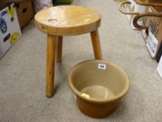 Three legged milking stool, an egg crock