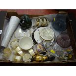 Box of decorative items including mother of pearl serviette rings, lustre china, decorative