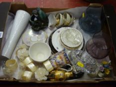 Box of decorative items including mother of pearl serviette rings, lustre china, decorative