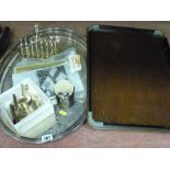 Galleried electroplate tray, toast rack, wooden tray etc