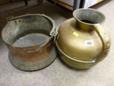 Copper bucket with iron handle and a brass bulbous water jug