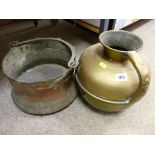 Copper bucket with iron handle and a brass bulbous water jug