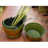 Brass jam pan with iron handle, brass helmet coal scuttle and a quantity of stair rods