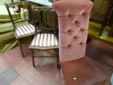 Button backed nursing chair and two striped upholstered dining chairs