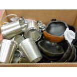 Quantity of white metal glass bottom tankards, quantity of hardwood hors d'oeuvre bowls etc