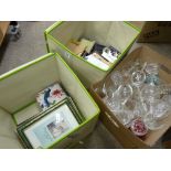 Canvas bag of stationery items, picture frames, CDs etc and a good box of mixed drinking glassware