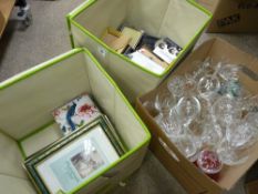 Canvas bag of stationery items, picture frames, CDs etc and a good box of mixed drinking glassware