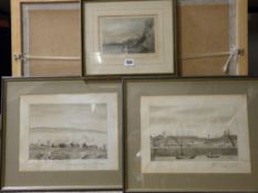 Three etchings and prints of local historical scenes