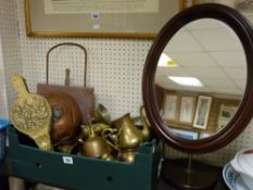 Oval mid 20th Century standing dressing table mirror and quantity of metalware including bellows,