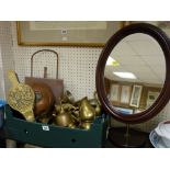 Oval mid 20th Century standing dressing table mirror and quantity of metalware including bellows,