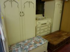 Excellent suite of French style bedroom furniture comprising two wardrobes, chest of drawers,