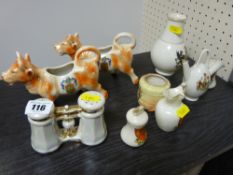 Crested china, novelty lustre china condiment set in the form of opera glasses etc