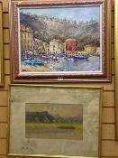 DORIS E CRICHTON oil on board - Continental harbour scene and an unsigned watercolour - possibly