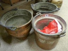 Three copper buckets with iron handles
