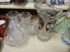 Large overlaid glass jug, pair of vases and other glassware