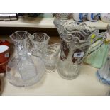 Large overlaid glass jug, pair of vases and other glassware