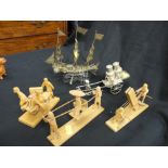 Hong Kong made salt and pepper set in the form of a wheeled cart, three wooden Oriental models and a