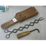 Parcel of vintage items, tongs, vet's tool, clapper etc